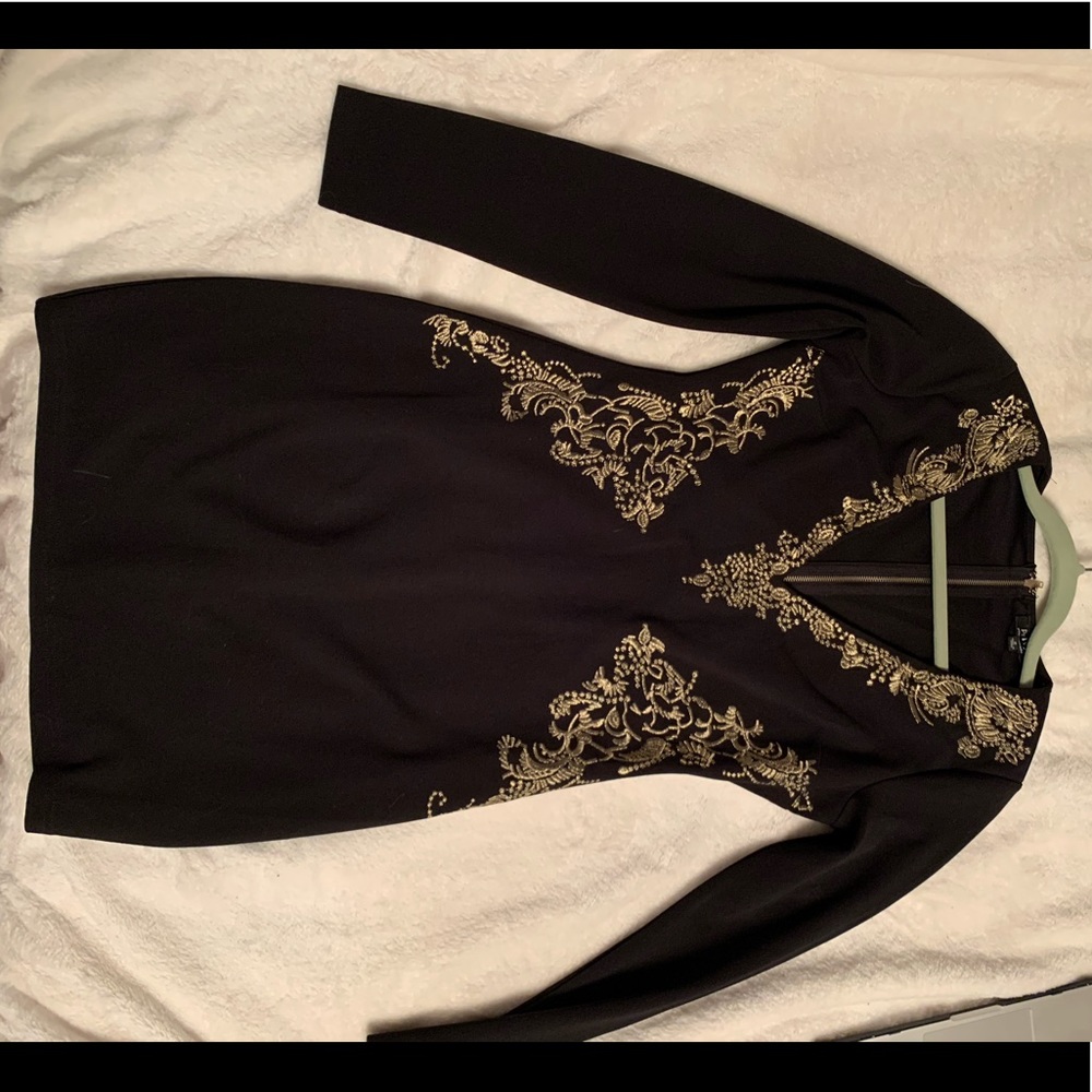 Black Longsleeve Dress with Gold Embroidery
